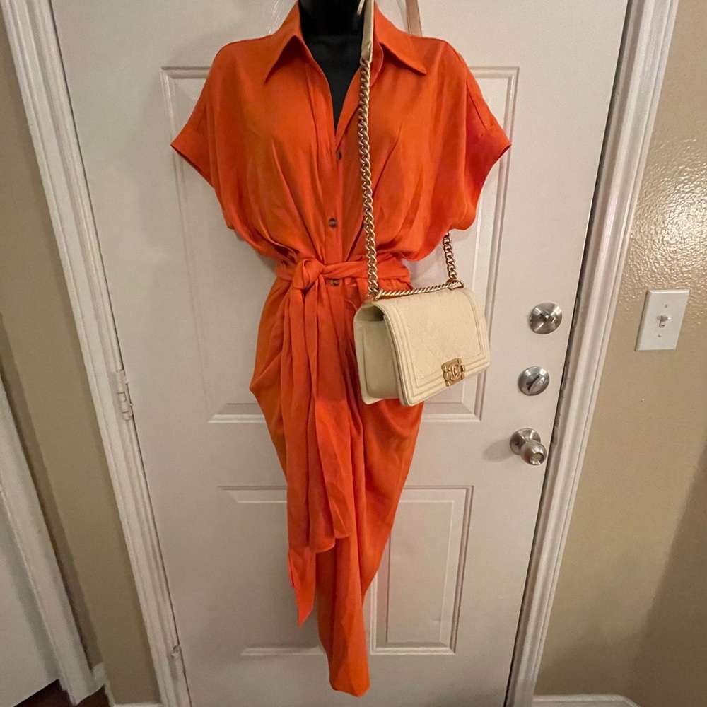 Vici SEBASTIAN TIE FRONT MIDI SHIRT DRESS - ORANGE - Picture 5 of 7
